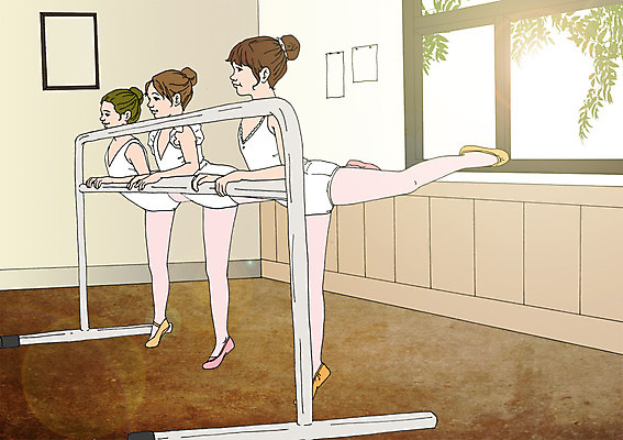 PSD 여자 어린이 일러스트 창문 실내 세명 체험학습 발레 발레리나 발레복 토슈즈 발레동작 발레바 발레연습 발레학원 아트툰 국내일러스트 옷 포즈 신발 사람 내부 춤 체험 연습 그림 학원 파일형식