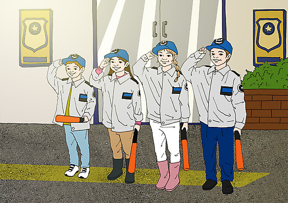 PSD 여자 남자 어린이 일러스트 실내 여러명 체험학습 경찰 경찰복 경례 경찰모자 경찰봉 경찰서 아트툰 국내일러스트 직업 모자_잡화 다수 유니폼 사람 내부 인사 체험 그림 파일형식