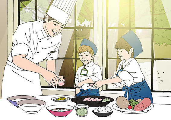 PSD 접시 남자 어린이 음식 일러스트 창문 실내 요리사모자 요리 성인 세명 요리사 체험학습 조리복 요리중 요리교실 요리실습 아트툰 국내일러스트 직업 모자_잡화 식기 유니폼 모션 수업 사람 내부 체험 그림 파일형식