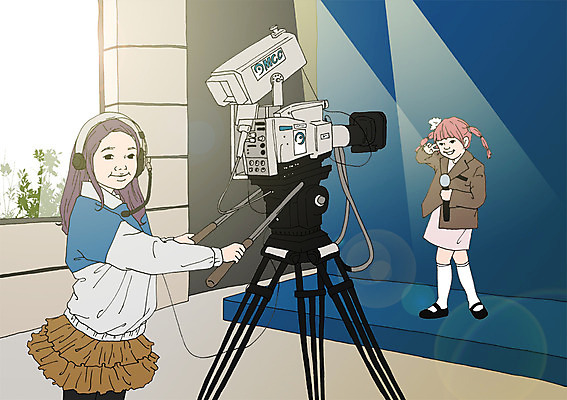 PSD 여자 어린이 일러스트 창문 실내 두명 카메라 촬영 헤드셋 무대 체험학습 마이크 카메라감독 아트툰 국내일러스트 음향기기 사람 내부 전자제품 헤드폰 체험 감독 그림 파일형식