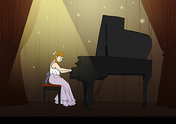 PSD 여자 어린이 악기 일러스트 실내 한명 무대 커튼 체험학습 건반 피아노 그랜드피아노 연주회 피아니스트 아트툰 국내일러스트 1 음악 사람 내부 연주자 체험 건반악기 그림 음악회 파일형식