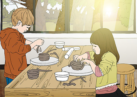 PSD 여자 남자 어린이 의자 일러스트 창문 실내 두명 체험학습 도자기공예 책상 도예가 찰흙인형 아트툰 국내일러스트 직업 인형 가구 사람 내부 체험 공예 그림 파일형식