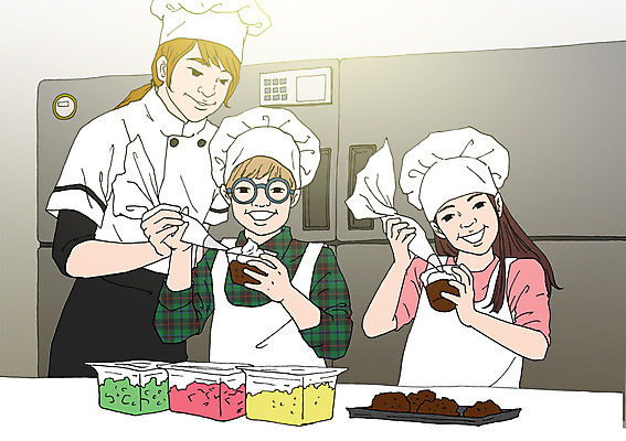 PSD 여자 남자 어린이 일러스트 실내 요리사모자 성인 세명 체험학습 조리복 제빵 냉장고 제빵사 짤주머니 아트툰 국내일러스트 직업 모자_잡화 유니폼 사람 내부 제과제빵 요리사 가전제품 체험 그림 제빵도구 파일형식