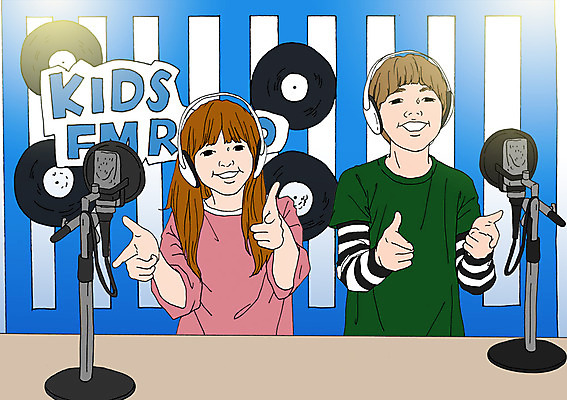 PSD 여자 남자 어린이 일러스트 실내 두명 헤드셋 체험학습 DJ 마이크 방송인 라디오방송 아트툰 국내일러스트 직업 음향기기 사람 내부 헤드폰 체험 그림 파일형식