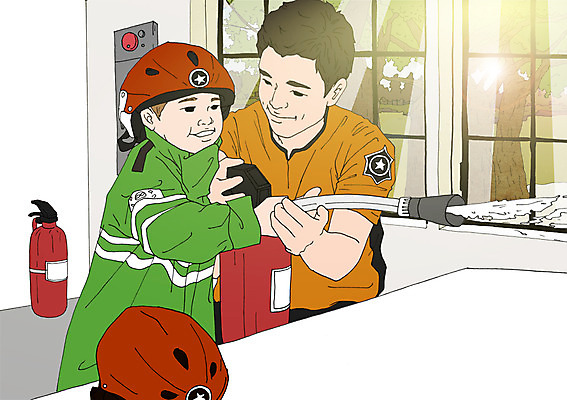 PSD 남자 어린이 일러스트 창문 실내 성인 두명 체험학습 소방관 소방 소화기 소방관모자 아트툰 방호복 소방교육 국내일러스트 모자_잡화 옷 교육 사람 내부 체험 안전장비 구조원 그림 파일형식