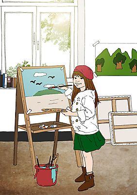 PSD 여자 어린이 일러스트 창문 실내 한명 물감 붓 체험학습 그리기 팔레트 이젤 그림 화가 화가모자 아트툰 국내일러스트 직업 모자_잡화 1 모션 사람 내부 미술도구 체험 파일형식