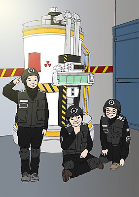 PSD 여자 남자 어린이 일러스트 실내 세명 기계 체험학습 특수부대 특수부대원 아트툰 국내일러스트 사람 내부 체험 그림 부대 파일형식