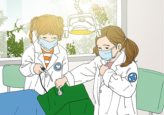 PSD 여자 어린이 일러스트 창문 실내 치과 마스크 두명 의사가운 체험학습 치과의사 치과용품 아트툰 국내일러스트 병원 사람 내부 의사 의료용품 가운 체험 그림 파일형식