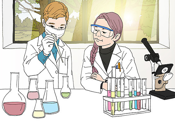 PSD 여자 남자 어린이 과학 일러스트 창문 실내 현미경 실험기구 실험 마스크 두명 체험학습 스포이트 과학자 비커 과학실 실린더 아트툰 국내일러스트 직업 사람 내부 체험 그림 피펫 학자 파일형식