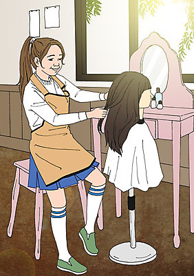 PSD 여자 어린이 의자 일러스트 창문 실내 한명 뷰티 앞치마 체험학습 마네킹 미용사 가발 화장대 아트툰 국내일러스트 직업 1 가구 사람 내부 체험 그림 파일형식