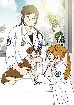 PSD 여자 어린이 일러스트 창문 청진기 실내 성인 두명 진료 의사가운 체험학습 강아지 수의사 반려 아트툰 국내일러스트 의학 의료기기 사람 내부 반려동물 의사 가운 체험 개 그림 파일형식