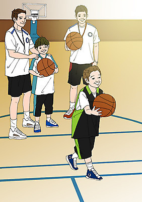 PSD 남자 어린이 일러스트 농구 농구공 실내 여러명 성인 체험학습 농구선수 농구대 농구복 농구장 아트툰 국내일러스트 다수 공 스포츠시설 운동선수 사람 내부 운동복 구기 체험 골대 그림 파일형식
