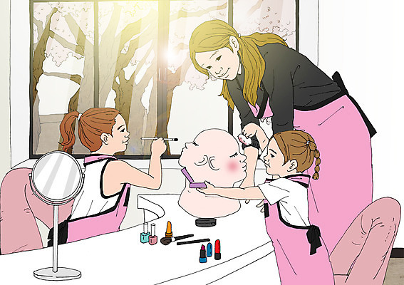 PSD 여자 어린이 일러스트 창문 실내 성인 화장 앞치마 거울 립스틱 화장용품 체험학습 마네킹 매니큐어 메이크업아티스트 메이크업브러쉬 아트툰 국내일러스트 직업 사람 내부 뷰티 화장품 붓 미용용품 체험 그림 파일형식