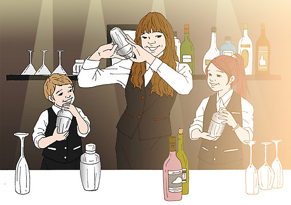 PSD 여자 남자 어린이 와인잔 일러스트 술병 선반 실내 성인 세명 칵테일 체험학습 바텐더 아트툰 국내일러스트 가구 술잔 병_용기 주류 사람 내부 체험 그림 파일형식