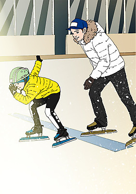 PSD 남자 어린이 일러스트 실내 성인 두명 스케이트 체험학습 헬멧 스피드스케이팅 스케이트장 아트툰 국내일러스트 스포츠용품 스포츠시설 사람 내부 스케이팅 체험 보호장비 그림 파일형식