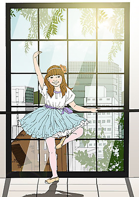 PSD 여자 어린이 일러스트 창문 실내 빌딩 체험학습 발레 발레리나 발레동작 발레바 아트툰 국내일러스트 포즈 사람 내부 건물 춤 체험 그림 파일형식