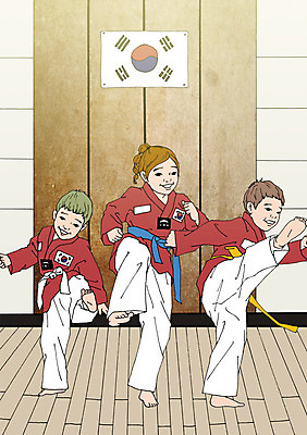 PSD 여자 남자 어린이 일러스트 실내 세명 체험학습 킥 태극기 태권도 태권도복 태권도장 아트툰 국내일러스트 모션 도복 사람 내부 격투기 체험 국기 그림 학원 파일형식