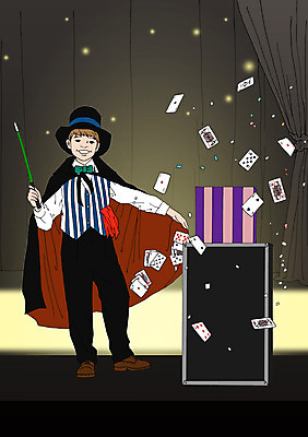 PSD 남자 어린이 일러스트 실내 한명 공연 무대 마술사 체험학습 트럼프 마술사모자 마술사복장 아트툰 국내일러스트 모자_잡화 1 옷 사람 이벤트 내부 놀이용품 마술 체험 그림 파일형식