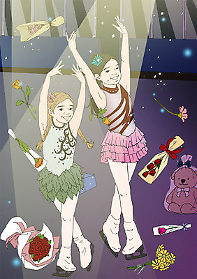 PSD 여자 어린이 꽃다발 일러스트 실내 두명 공연 곰인형 체험학습 피겨스케이팅 피겨선수 피겨스케이터 아트툰 국내일러스트 꽃 인형 운동선수 사람 이벤트 내부 스케이팅 체험 그림 스케이터 파일형식