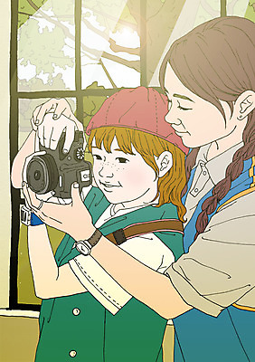 PSD 여자 어린이 일러스트 창문 실내 성인 두명 카메라 체험학습 사진사 아트툰 국내일러스트 사람 내부 전자제품 체험 작가 그림 파일형식