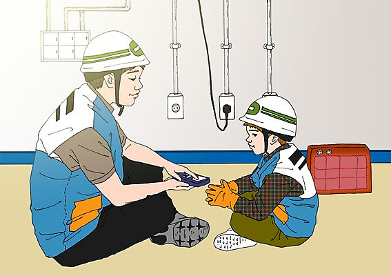 PSD 남자 어린이 일러스트 실내 성인 두명 체험학습 콘센트 플러그 전기에너지 안전모 안전기사 아트툰 국내일러스트 직업 사람 내부 에너지 체험 헬멧 안전장비 그림 파일형식