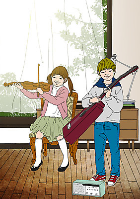 PSD 여자 남자 어린이 연주 의자 일러스트 창문 실내 두명 기타 스탠드 커튼 체험학습 바이올린 서랍장 아트툰 국내일러스트 음악 가구 현악기 조명 사람 내부 체험 그림 파일형식