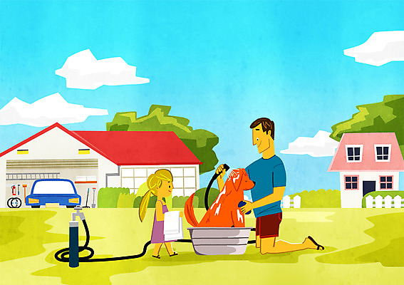 주간 PSD 구름 여자 남자 어린이 일러스트 자동차 주택 성인 야외 두명 울타리 반려동물 수건 정원 목욕 강아지 호스 반려 국내일러스트 자연요소 동물 육상교통 사람 건물 담장 위생용품 청결 개 파일형식