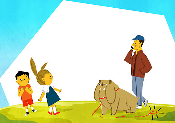 PSD 여자 남자 어린이 일러스트 성인 세명 반려동물 강아지 무서움 불독 목줄 반려 국내일러스트 동물 감정 사람 개 파일형식 반려용품