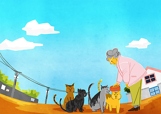 PSD 구름 여자 노년 일러스트 주택 한명 성인 반려동물 고양이 먹이 전봇대 길고양이 국내일러스트 자연요소 동물 1 공공시설 포유류 사람 건물 파일형식