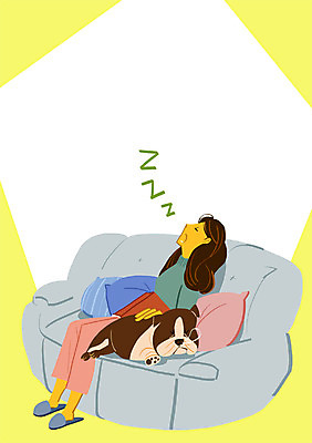 PSD 여자 쿠션 일러스트 한명 성인 책 반려동물 소파 잠 강아지 반려 국내일러스트 동물 1 의자 사람 개 파일형식