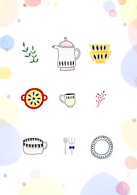 PSD 그릇 식기 접시 백그라운드 포크 일러스트 주전자 나뭇잎 사람없음 숟가락 머그컵 감성 파스텔 프레임일러스트 국내일러스트 컨셉 잎 주방용품 학용품 프레임 수저 컵 파일형식