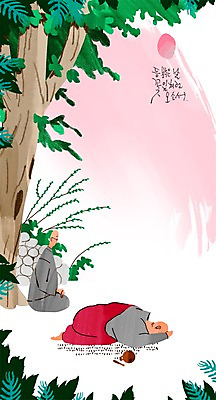 PSD 나무 남자 엎드리기 불교 일러스트 성인 두명 태양 풀잎 승려 목탁 국내일러스트 자연요소 식물 종교 잎 모션 사람 풀_식물 성직자 불교용품 파일형식