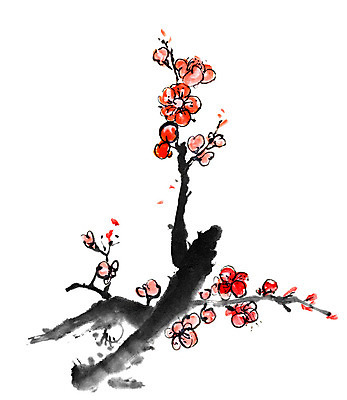 JPG 해외이미지 일러스트 붓터치 미술 사람없음 빨간색 벚꽃 먹 동양화 그림 번짐 꽃가지 해외202004 해외일러스트 꽃 컬러 서예 문화예술 나뭇가지 파일형식 효과 이미지허브
