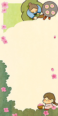 PSD 여자 꽃잎 어린이 백그라운드 일러스트 성인 두명 한복 주걱 옛날 화전 제철음식 국내일러스트 한국전통 꽃 음식 주방용품 사람 전통의상 전 제철 파일형식