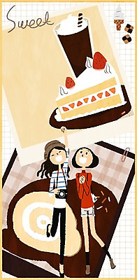 PSD 우먼라이프 여자 커피 일러스트 디저트 성인 두명 카메라 조각케이크 아이스크림콘 프레임일러스트 국내일러스트 라이프스타일 음료 음식 프레임 사람 전자제품 케이크 콘 파일형식