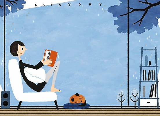 PSD 나무 우먼라이프 여자 쿠션 의자 일러스트 집안 책장 한명 성인 책 독서 스피커 비 강아지 프레임일러스트 국내일러스트 자연요소 식물 1 라이프스타일 음향기기 가구 날씨 프레임 실내 사람 반려동물 개 파일형식