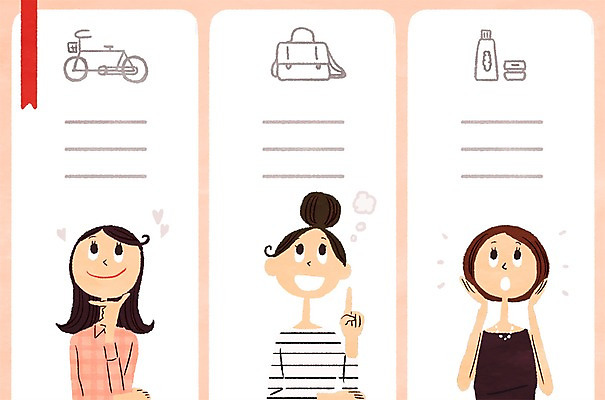 PSD 우먼라이프 여자 가방 일러스트 성인 세명 자전거 화장품 체크리스트 프레임일러스트 국내일러스트 라이프스타일 잡화 프레임 사람 뷰티 바이크 파일형식