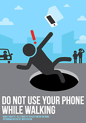 포스터 도로 일러스트 자동차 사람모양 여러명 스마트폰 픽토그램 예절 추락사고 맨홀 로드에티켓 국내일러스트 AI파일 모양 길 육상교통 다수 교통시설 사람 핸드폰 스마트기기 사건 파일형식 벡터