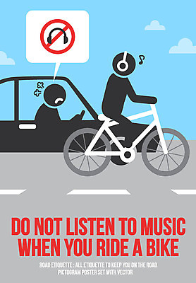 포스터 도로 말풍선 음표 일러스트 자동차 사람모양 두명 픽토그램 자전거 헤드셋 음악감상 금지 예절 교통안전 로드에티켓 국내일러스트 AI파일 모양 기호 길 음악 육상교통 음향기기 교통시설 안전 사람 바이크 헤드폰 감상 파일형식 벡터