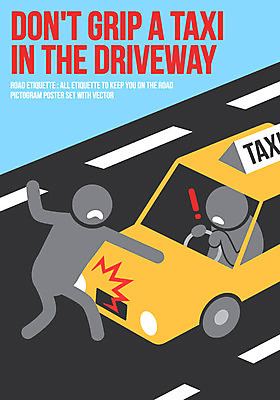 포스터 도로 일러스트 사람모양 두명 픽토그램 예절 느낌표 교통사고 택시 무단횡단 로드에티켓 무단 국내일러스트 AI파일 모양 기호 길 교통시설 승용차 자동차 사람 사건 횡단 파일형식 벡터