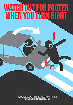 포스터 화살표 도로 일러스트 자동차 사람모양 두명 픽토그램 예절 횡단보도 느낌표 교통사고 로드에티켓 국내일러스트 AI파일 모양 기호 길 육상교통 교통시설 사람 보행로 사건 파일형식 벡터