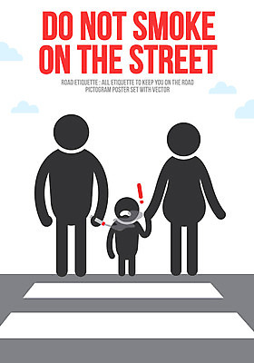 포스터 도로 일러스트 사람모양 흡연 담배 세명 픽토그램 예절 횡단보도 느낌표 공공장소 흡연자 로드에티켓 국내일러스트 AI파일 모양 기호 길 교통시설 사람 장소 보행로 파일형식 벡터