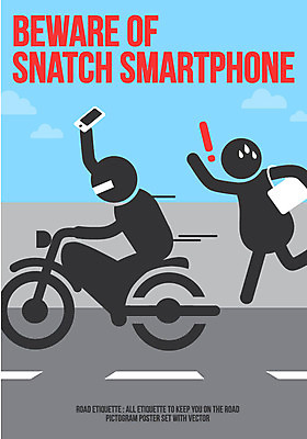 포스터 도로 가방 일러스트 사람모양 두명 스마트폰 픽토그램 오토바이 예절 느낌표 도둑 로드에티켓 국내일러스트 AI파일 모양 기호 잡화 길 교통시설 사람 핸드폰 스마트기기 바이크 범죄인 파일형식 벡터