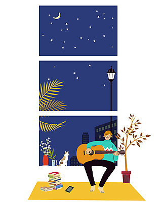 남자 화분 연주 일러스트 창문 실내 한명 성인 책 고양이 기타 창가 반려 안식처 혼자 국내일러스트 AI파일 1 음악 포유류 현악기 휴식 사람 내부 반려동물 파일형식 벡터