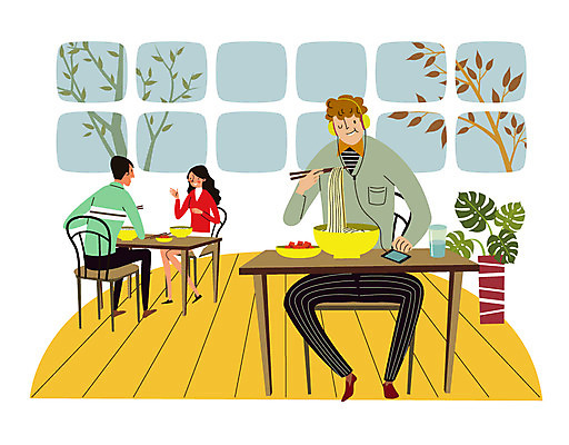 커플 여자 남자 화분 일러스트 성인 세명 식당 헤드셋 식사 혼자 국내일러스트 AI파일 음향기기 관계 사람 상점 헤드폰 파일형식 벡터