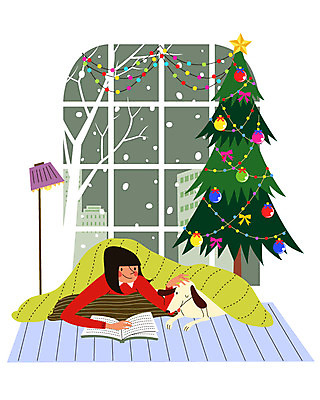 여자 엎드리기 겨울 일러스트 베개 실내 한명 성인 책 독서 크리스마스트리 이불 눈 강아지 반려 혼자 국내일러스트 AI파일 자연요소 1 계절 크리스마스 침구 모션 날씨 사람 내부 반려동물 개 파일형식 벡터