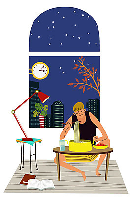 남자 시계 일러스트 실내 한명 성인 책 스탠드 라면 야식 안식처 혼자 혼족 국내일러스트 AI파일 1 음식 휴식 조명 사람 내부 면류 싱글라이프 파일형식 벡터