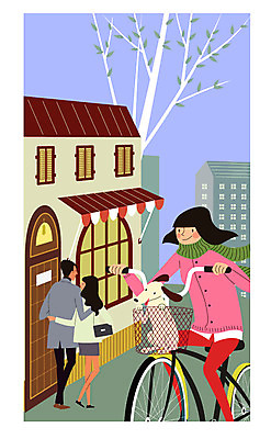 커플 여자 남자 일러스트 성인 세명 상점 자전거 산책 강아지 혼자 국내일러스트 AI파일 관계 휴식 사람 반려동물 바이크 개 파일형식 벡터