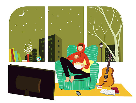 남자 일러스트 창문 실내 한명 성인 책 소파 텔레비전 기타 팝콘 티비시청 안식처 혼자 국내일러스트 AI파일 1 의자 현악기 휴식 사람 내부 전자제품 시청_보고들음 파일형식 벡터