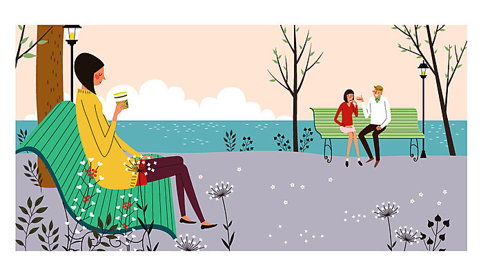커플 공원 여자 남자 벤치 일러스트 휴식 성인 야외 세명 안식처 테이크아웃컵 혼자 국내일러스트 AI파일 공공시설 컨셉 의자 관계 사람 컵 파일형식 벡터